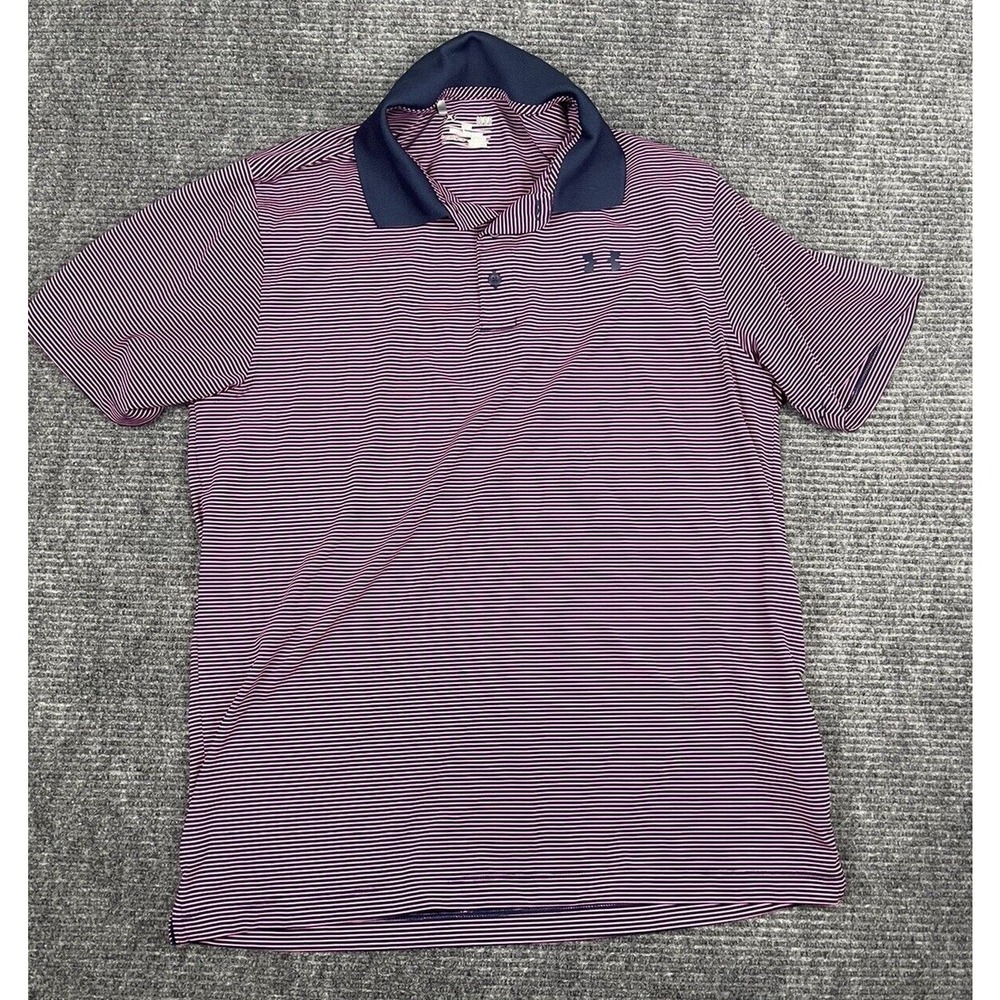 Under Armour Polo Shirt Mens Large Pink Blue Golf Short Sleeve Loose